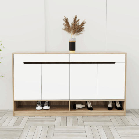 Tủ giày 4 cánh 2 ngăn kéo TGS016 - Gỗ mfc phủ melamin màu vàng 388 + trắng | Nội Thất giá tốt 2K