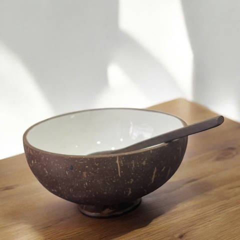 Chén gáo dừa tráng men trắng cao cấp Xuất khẩu kèm muỗng (có đế)