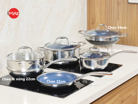 Bộ 5 nồi chảo iMat Hybrid Blackcube, phủ chống dính gốm Ceramic lòng xanh