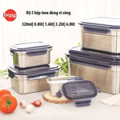 Bộ 5 hộp inox iMAT dùng được trong lò vi sóng