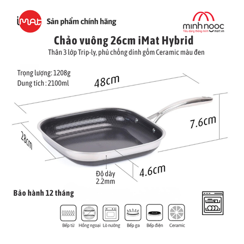 Chảo Chiên Vuông Imat Hybrid 26Cm, Chống Dính Ceramic Đen