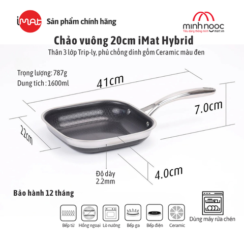 Chảo Chiên Vuông Imat Hybrid 20Cm, Chống Dính Ceramic Đen