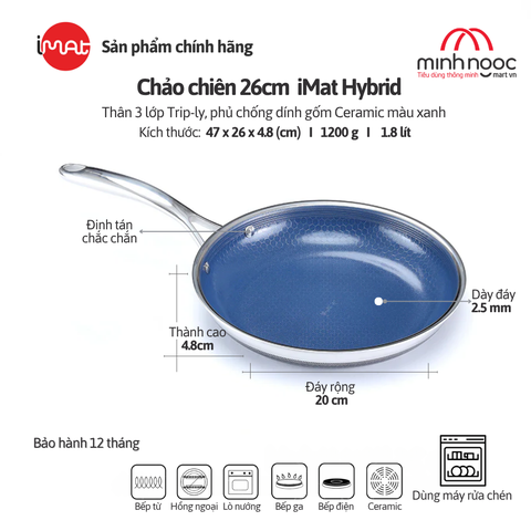 Chảo Chiên Cỡ Trung Imat Hybrid 26Cm, Chống Dính Ceramic Xanh