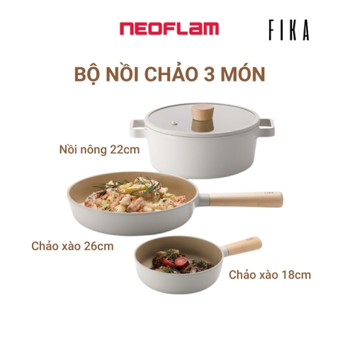 Bộ 3 món: nồi nông 22cm và chảo đa năng 18 - 26cm Neoflam Fika Hàn Quốc