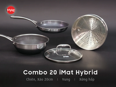 Combo Chảo chiên xào iMat Hybrid 20cm tặng kèm xửng hấp