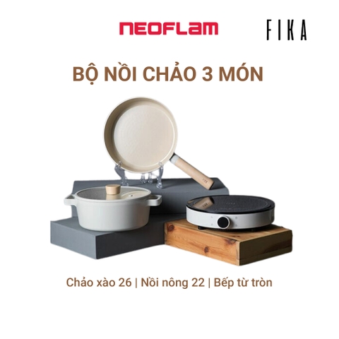 Bộ 3 gồm: nồi nông 22cm, chảo 26cm và bếp từ Neoflam Fika Hàn Quốc