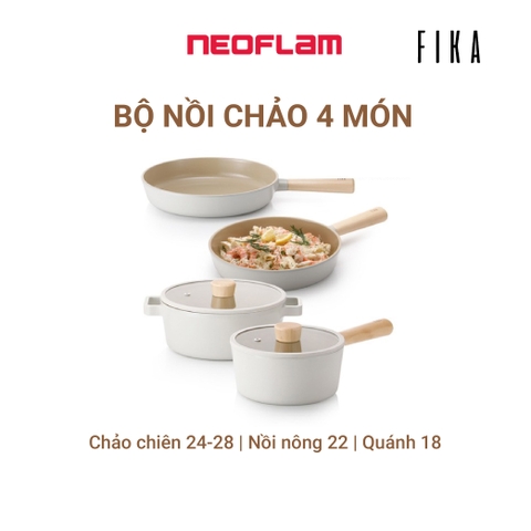 Bộ 4 món Neoflam Fika Hàn Quốc: chảo chiên 24 & 28cm, quánh 18 và nồi nông 22cm