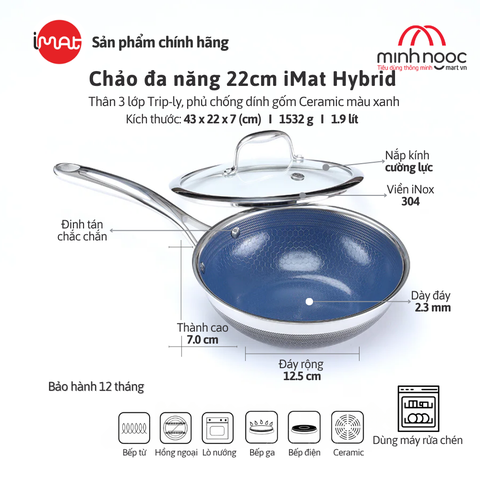 Chảo Đa Năng Cỡ Nhỏ Imat Hybrid 22Cm, Chống Dính Ceramic Xanh
