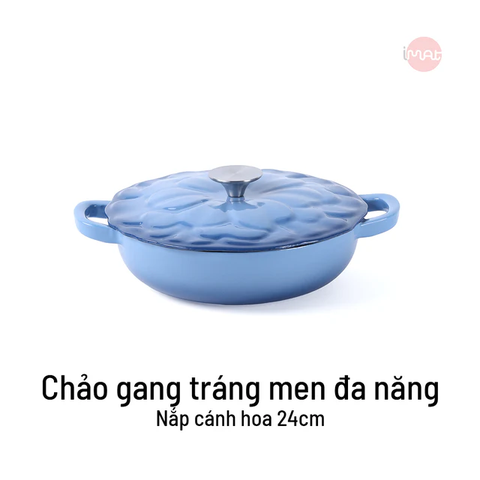 Chảo gang tráng men đa năng nắp cánh hoa 24cm có vung