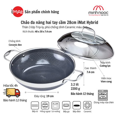 Chảo Đa Năng Hai Tay Cầm iMat Hybrid 28cm, Chống Dính Ceramic Đen