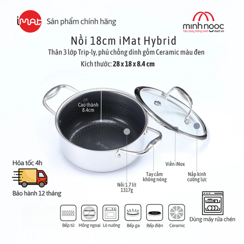 Nồi Inox Cỡ Nhỏ Imat Hybrid 18Cm, Chống Dính Ceramic Đen