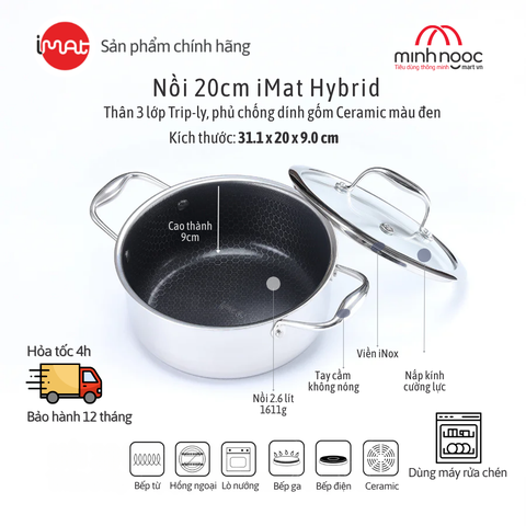 Nồi Inox Cỡ Vừa Imat Hybrid 20Cm, Chống Dính Ceramic Đen