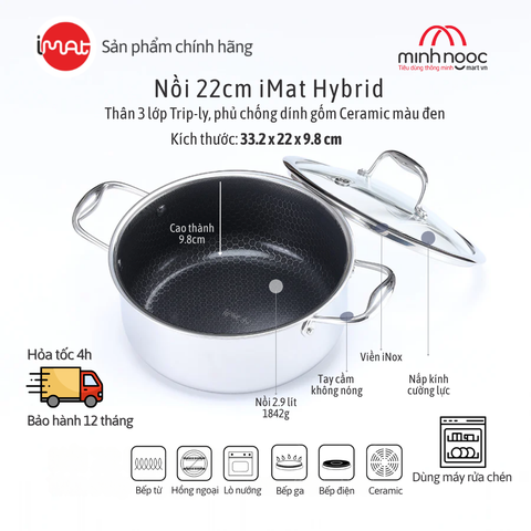 Nồi Inox Cỡ Trung Imat Hybrid 22Cm, Chống Dính Ceramic Đen