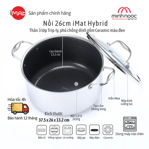 Nồi Inox Cỡ Lớn Imat Hybrid 26Cm, Chống Dính Ceramic Đen