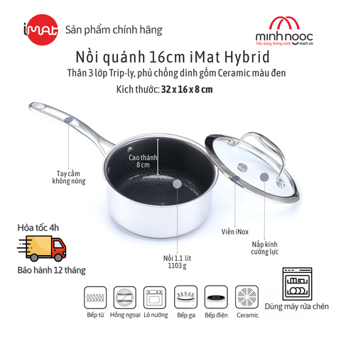 Quánh Imat Hybrid  Cỡ Nhỏ 16Cm, Chống Dính Ceramic Đen