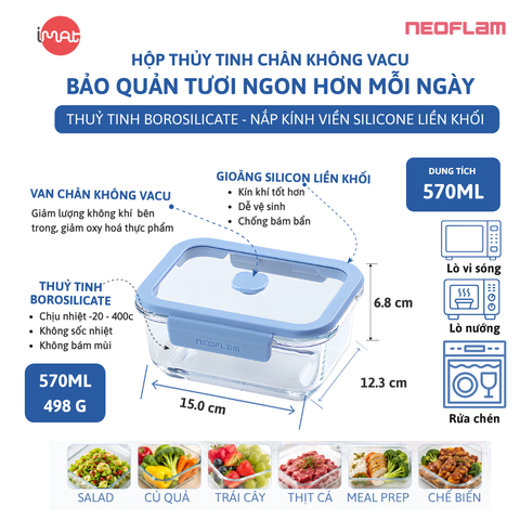 Hộp Thủy Tinh Chân Không Vacu Neoflam Chịu Nhiệt Borosilicate Hút Chân Không 570Ml| 950Ml|1500L| 2300ml