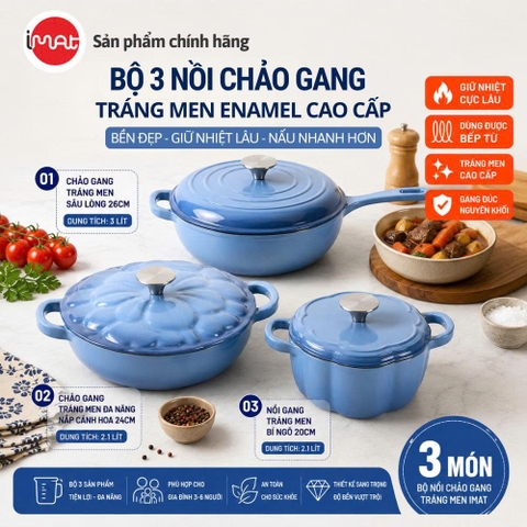 Bộ Nồi Chảo Gang Imat Đúc Tráng Men Sứ Enamel - Nhiều Kích Cỡ Lựa Chọn