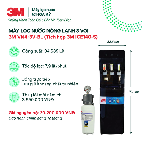 Cây Lọc Nước Nóng Lạnh 3M VN4-3V-BL (Sử Dụng 3M ICE140-S)