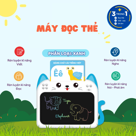 Máy Đọc Thẻ Flashcard 3in1 Song Ngữ Anh - Việt, Kết Hợp Bảng Vẽ Điện Tử LCD Tự Xóa Thông Minh - Màu Xanh