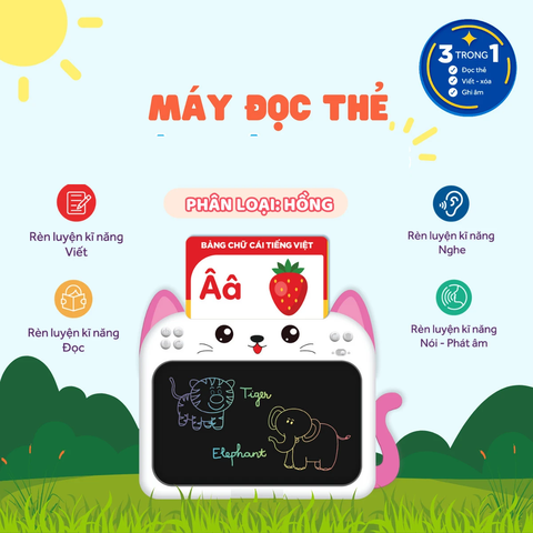 Máy Đọc Thẻ Flashcard 3in1 Song Ngữ Anh - Việt, Kết Hợp Bảng Vẽ Điện Tử LCD Tự Xóa Thông Minh - Màu Hồng