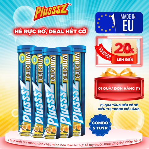 [COMBO 5 TUÝP x 20 VIÊN] Viên sủi Plusssz Calcium vị Đào, chanh leo không đường - nhập khẩu chính hãng