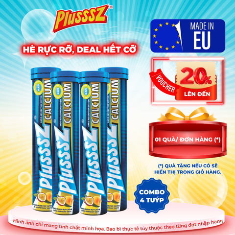 [COMBO 4 TUÝP X 20 VIÊN] PLUSSSZ CALCIUM vị đào, chanh leo không đường - Hàng nhập khẩu