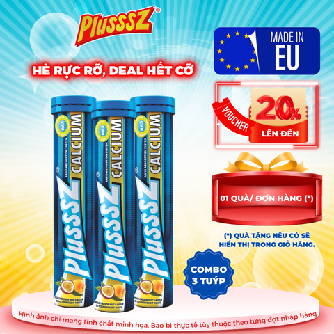 [COMBO 3 TUÝP X 20 VIÊN] PLUSSSZ CALCIUM vị đào, chanh leo không đường - Hàng nhập khẩu
