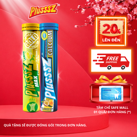 (COMBO 2 TUÝP X 20 VIÊN SỦI) Plusssz Max Vitamin C & Kẽm ZinC Vị Chanh Không Đường + PLUSSSZ CALCIUM - Hương Đào, Chanh Leo Không Đường