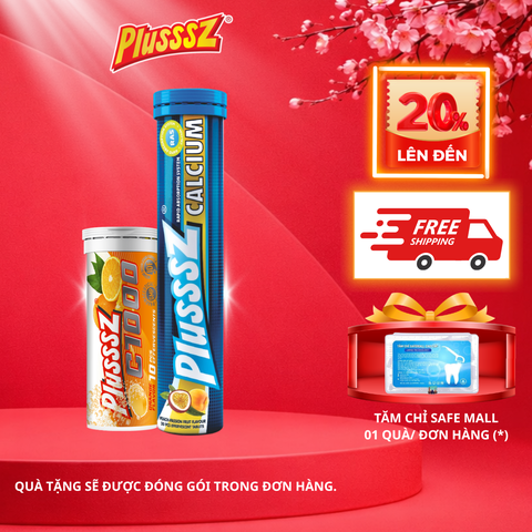 (COMBO 2 TUÝP) PLUSSSZ CALCIUM - Hương Đào, Chanh Leo Không Đường (tuýp 20 viên) + PLUSSSZ C1000 (tuýp 10 viên sủi) 4g