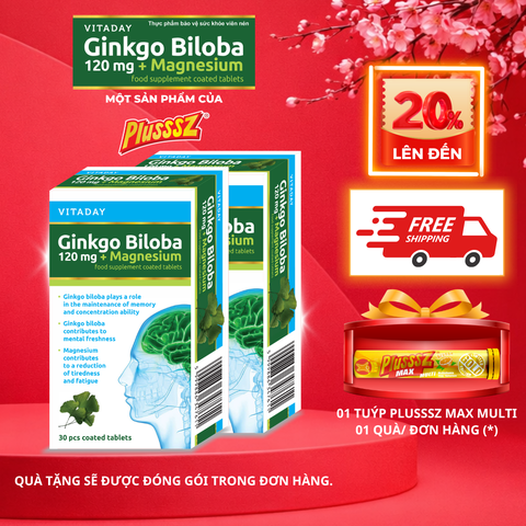 [COMBO 2 HỘP x 30 viên] Viên uống bổ não Vitaday Ginkgo Biloba 120mg + Magnesium - Nhập Khẩu chính hãng