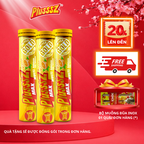 (COMBO 3 TUÝP x 20 Viên sủi) PLUSSSZ MAX MULTIVITAMIN VỊ CAM Không Đường - HÀNG NHẬP KHẨU