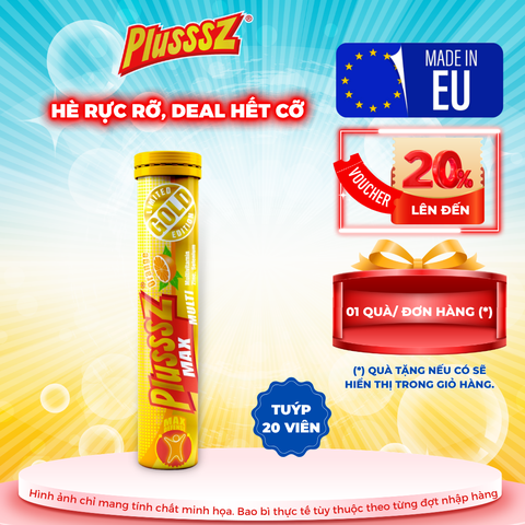 (TUÝP x 20 Viên sủi) PLUSSSZ MAX MULTIVITAMIN VỊ CAM Không Đường - HÀNG NHẬP KHẨU