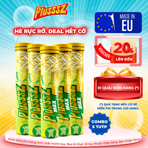 [COMBO 5 TUÝP X 20 VIÊN] PLUSSSZ VITAMIN C & ZINC VỊ CHANH KHÔNG ĐƯỜNG - HÀNG NHẬP KHẨU