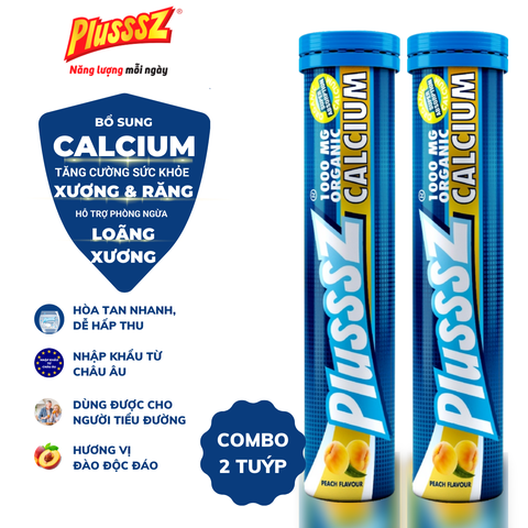 Viên Sủi Canxi hữu cơ PLUSSSZ CALCIUM - Hương Đào, Chanh Leo Không Đường - Hỗ Trợ Giảm Loãng Xương - hỗ trợ tăng cường sức khỏe xương khớp (Combo 2 tuýp x 20 viên sủi)