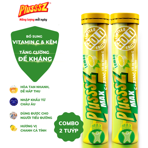 Viên Sủi Plusssz Vitamin C & Kẽm ZinC – Hỗ Trợ Miễn Dịch, Không Đường, Hương Chanh Mát Lạnh (COMBO 2 TUÝP X 20 viên sủi)