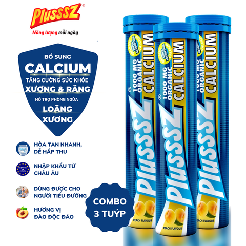 Viên Sủi Canxi hữu cơ PLUSSSZ CALCIUM - Hương Đào, Chanh Leo Không Đường - Hỗ Trợ Giảm Loãng Xương hỗ trợ tăng cường sức khỏe xương khớp (Combo 3 tuýp x 20 viên sủi)