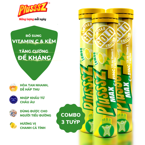 Viên Sủi Plusssz Vitamin C & Kẽm ZinC – Hỗ Trợ Miễn Dịch, Không Đường, Hương Chanh Mát Lạnh (COMBO 3 TUÝP x 20 viên sủi)