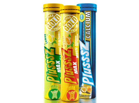 (COMBO 3 TUYP X 20 viên sủi) Plusssz Max multivitamin vị Cam + Plusssz Max vitamin C vị Chanh + Plusssz Canxi vị Đào mix Chanh leo không đường