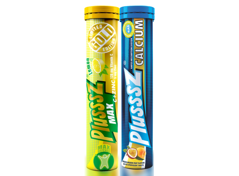 (COMBO 2 TUÝP X 20 VIÊN SỦI) Plusssz Max Vitamin C & Kẽm ZinC Vị Chanh Không Đường + PLUSSSZ CALCIUM - Hương Đào, Chanh Leo Không Đường