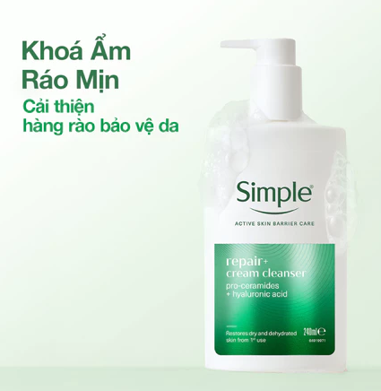 Sữa Rửa Mặt Simple Repair + Cream Cleanser Pro - Ceramides + Hyaluronic Acid 240ml