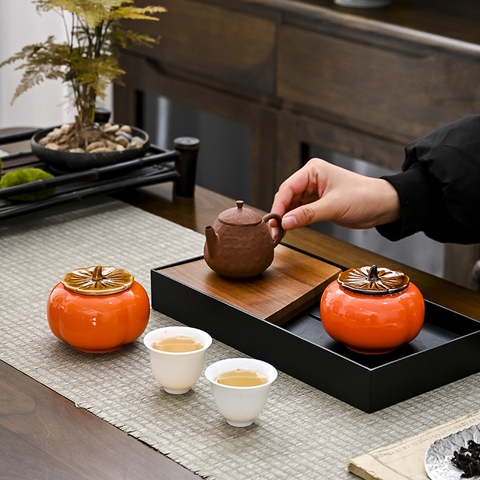 Set 2 Hũ trà bằng gốm hình quả hồng