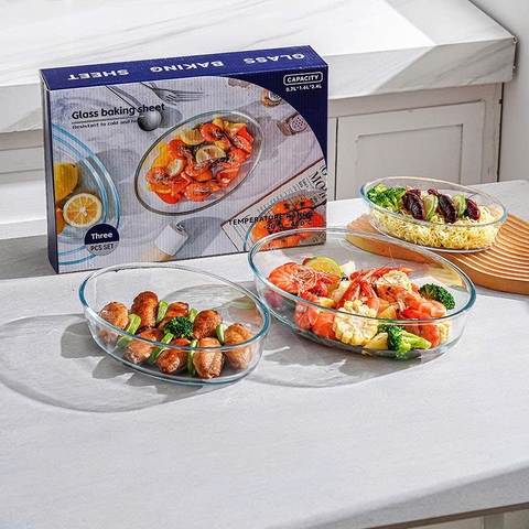 Set 3 khay thuỷ tinh Borosilicate chịu nhiệt cao cấp GHA812