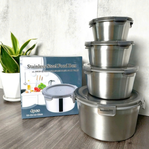 Set 4 hộp đựng thức ăn Inox 304 cỡ lớn có nắp đậy