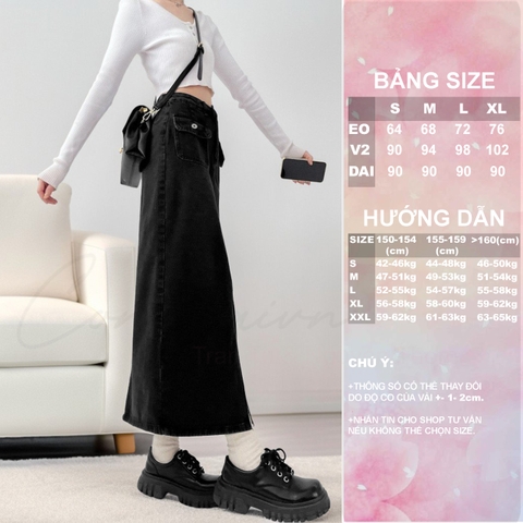 [Congai.vn ] Chân váy Bò, Jean, Denim dáng dài xẻ trước phối túi 2 bên CVJD-01 vải jean dày dặn