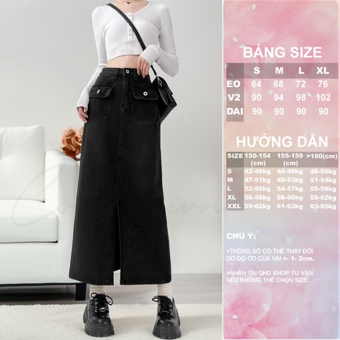 [Congai.vn ] Chân váy Bò, Jean, Denim dáng dài xẻ trước phối túi 2 bên CVJD-01 vải jean dày dặn