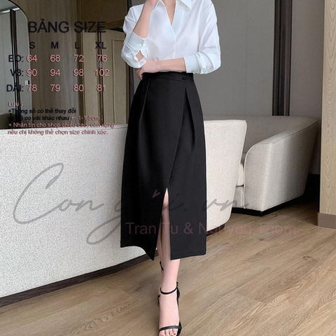 Chân váy thiết kế dáng dài, xếp tà trước Congaivn CV11 vải Kate dày, co giãn, 1 lớp,màu ĐEN