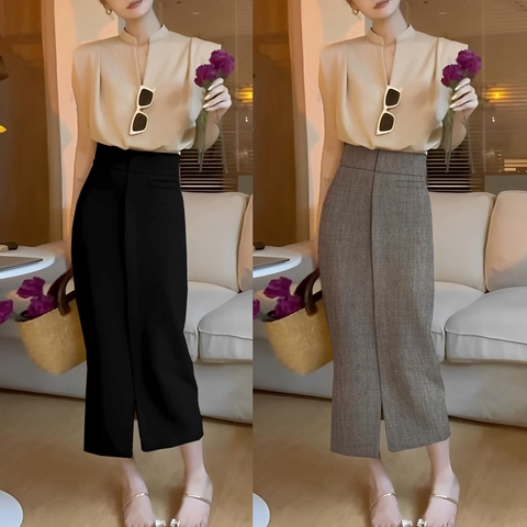 Chân váy dáng dài phối nẹp giữa Congaivn CV09 vải dày co giãn, mát 2 màu den , ghi xước