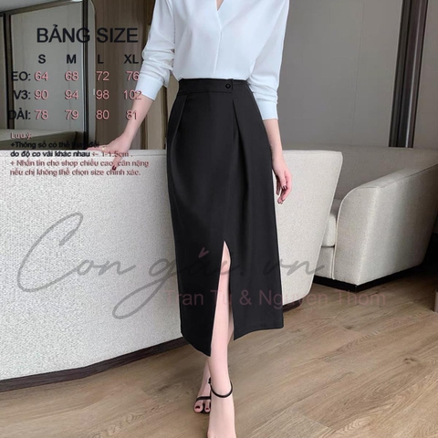 Chân váy thiết kế dáng dài, xếp tà trước Congaivn CV11 vải Kate dày, co giãn, 1 lớp,màu ĐEN