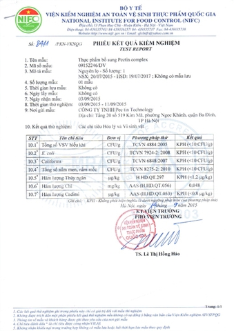 Kết quả kiểm nghiệm sản phẩm tại Việt Nam