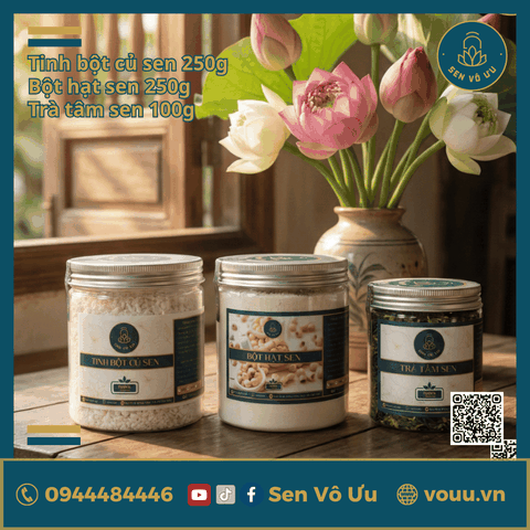 Combo ngủ ngon an lành: Tinh bột củ sen - Bột hạt sen - Trà tâm sen | Sen Vô Ưu
